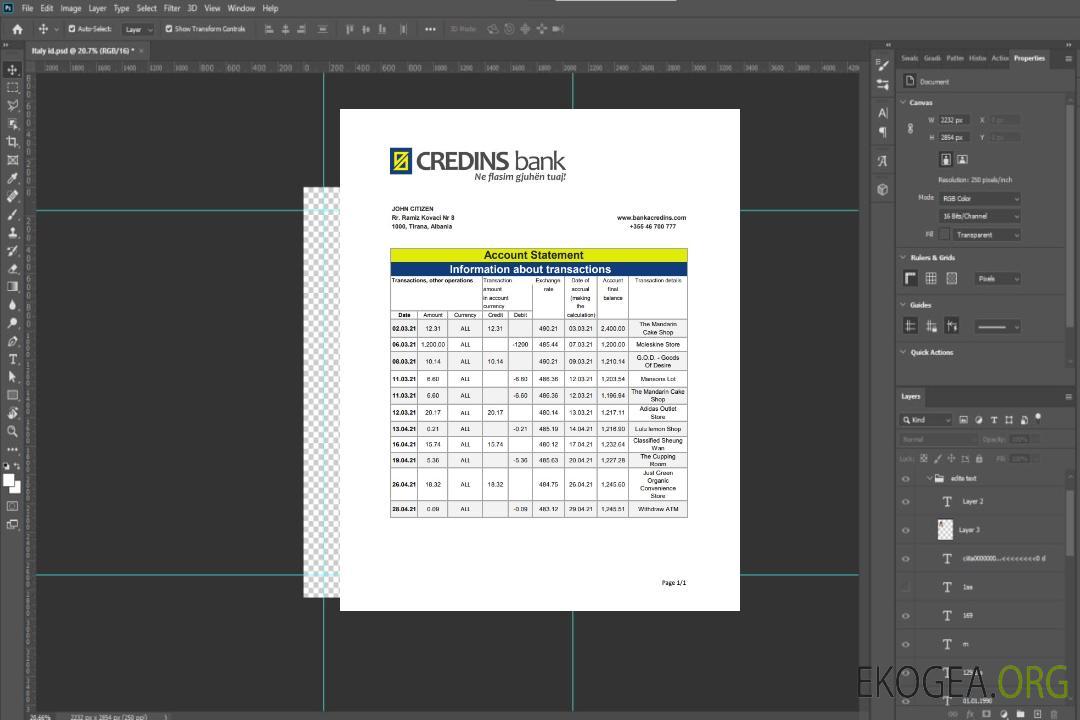 Modèle de relevé bancaire Albanie Credins au format Excel et PDF template